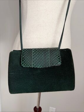 Vintage Palizzio Emerald Green Suede Reptile Flap Shoulder Bag Purse